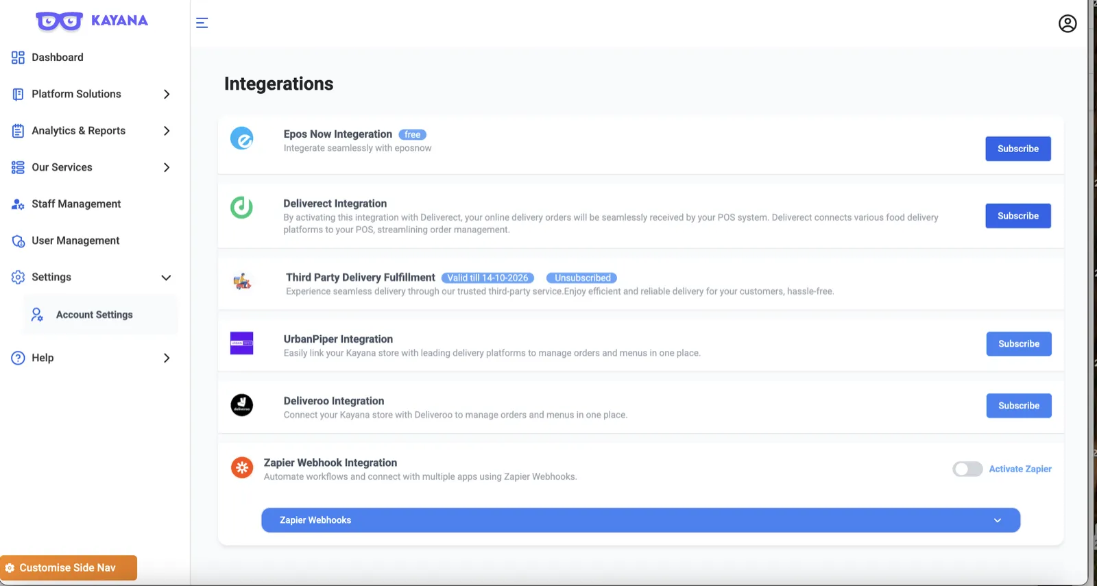 Integrations page in Kayana Partner Admin showing available services such as EPOS Now, Deliveroo, and UrbanPiper