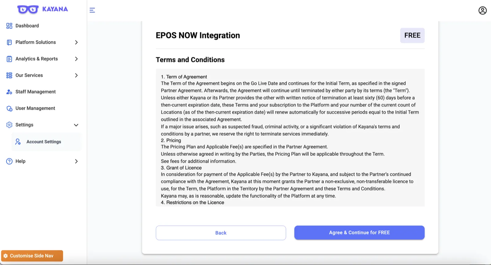 EPOS Now integration terms and conditions page displayed in Kayana Partner Admin