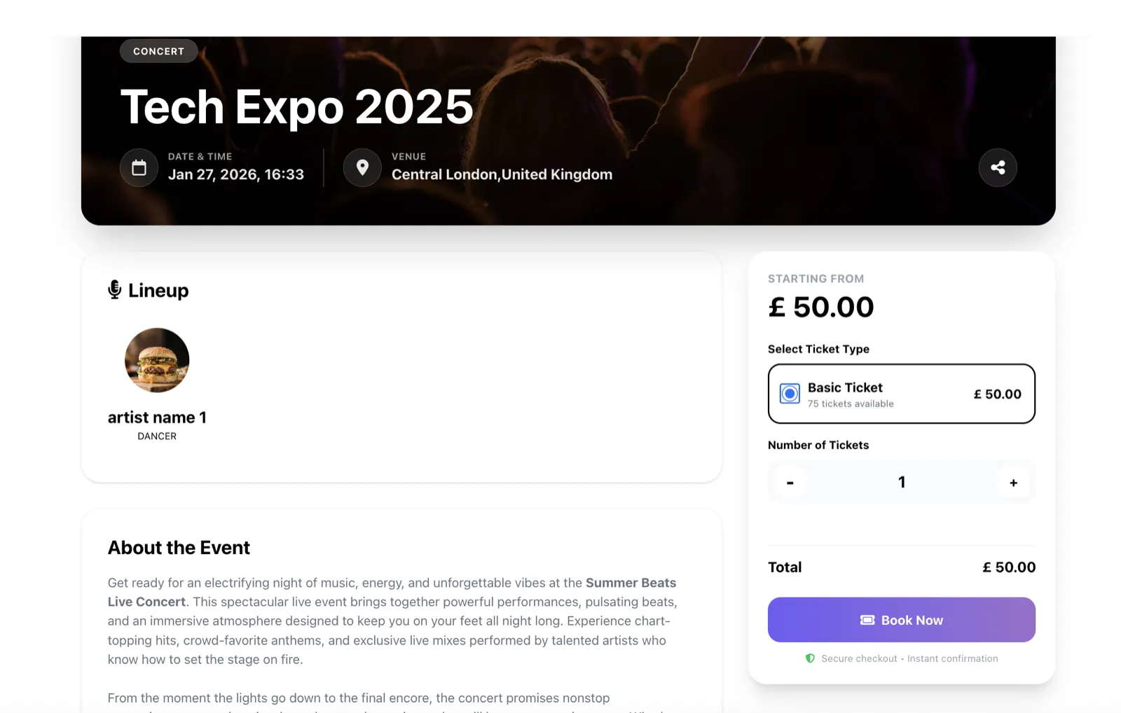 A view of the ticket selection screen where you can select the ticket tier you wish to purchase and proceed to payment.
