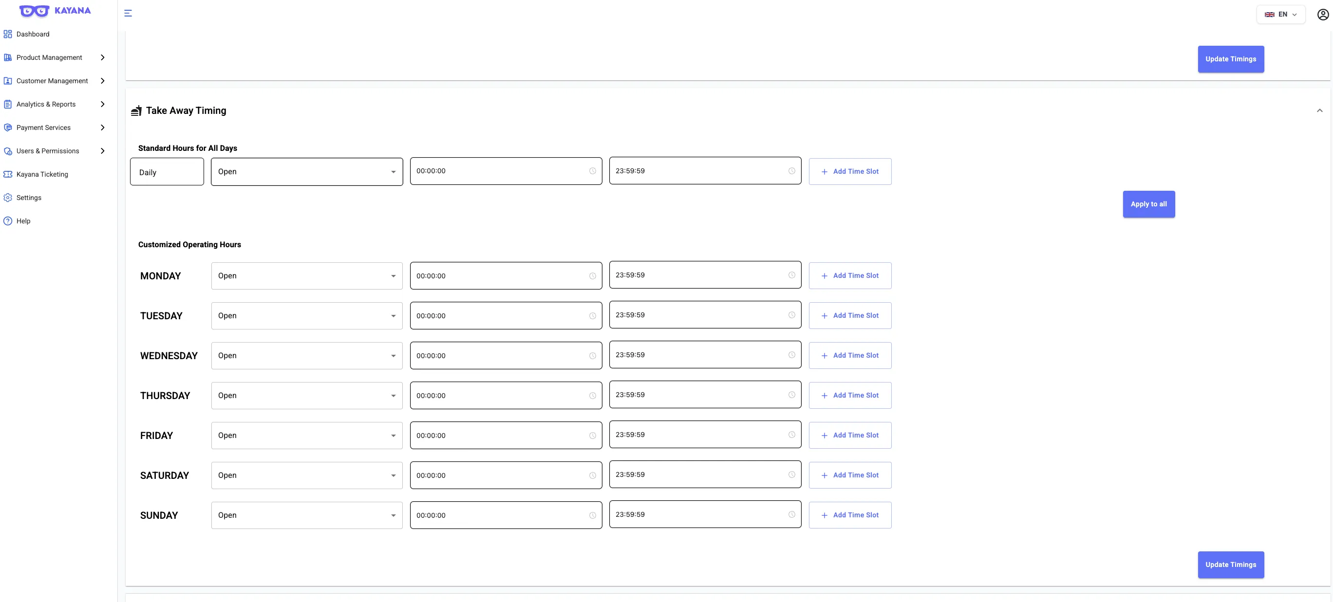 View of the Timings screen on the Kayana Partner Admin dashboard, showing editable rows for each day of the week with start and stop time input fields, "Open/Closed" status dropdown, and buttons to add or remove additional time slots.