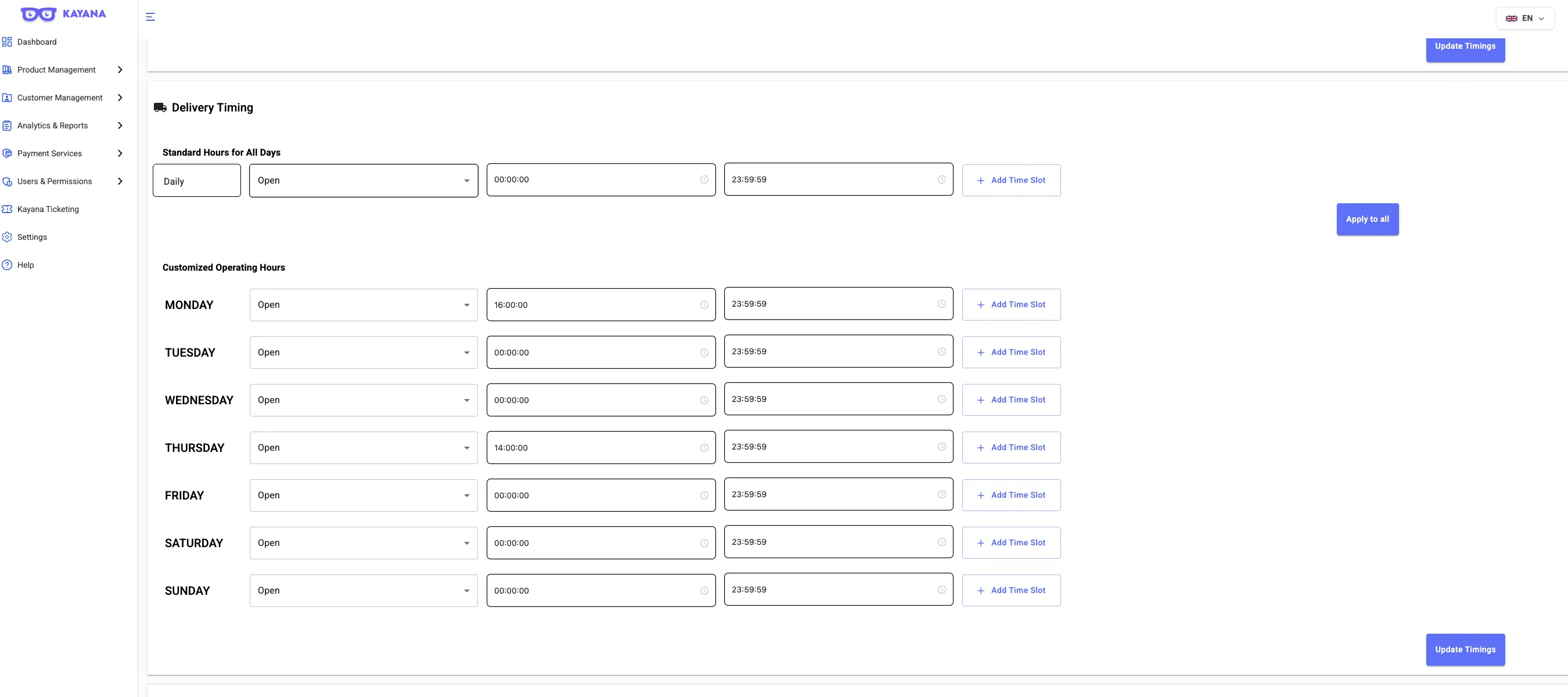 View of the Timings screen on the Kayana Partner Admin dashboard, showing editable rows for each day of the week with start and stop time input fields, "Open/Closed" status dropdown, and buttons to add or remove additional time slots. – image 2