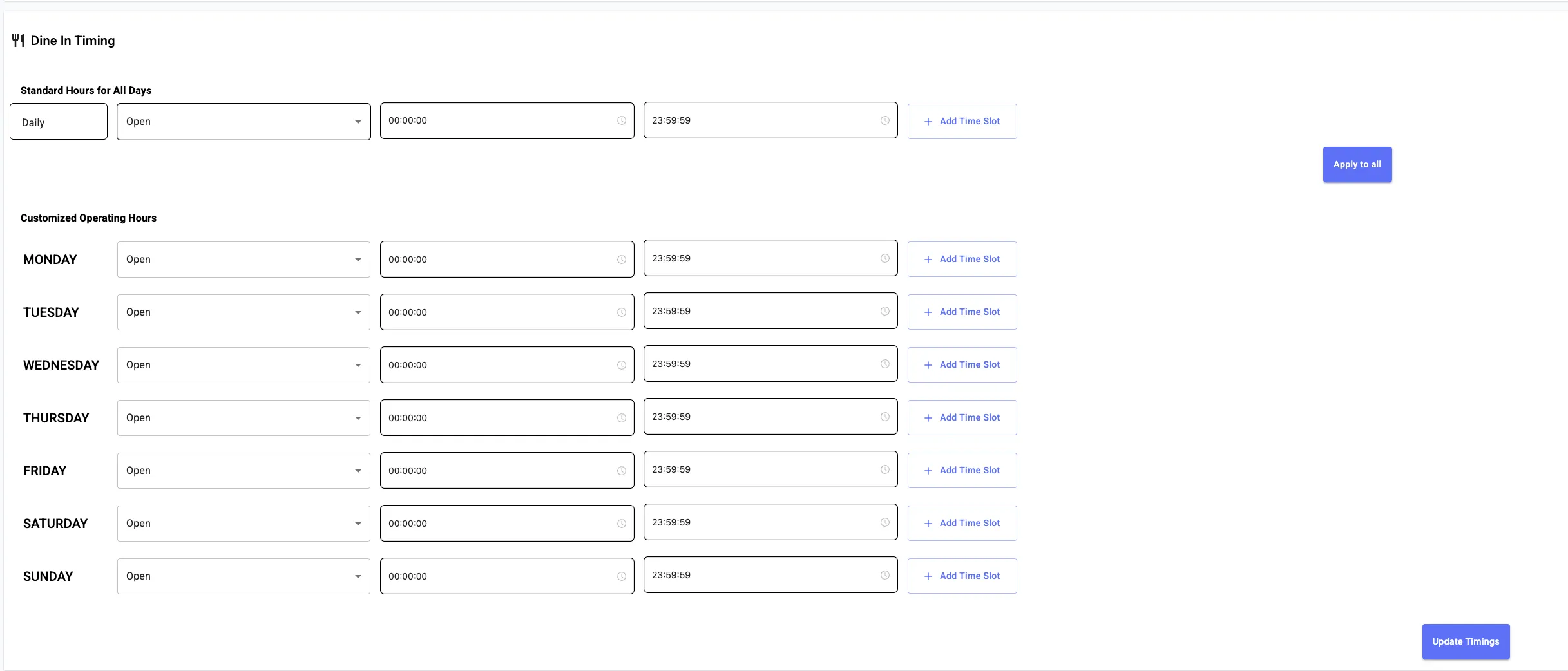 View of the Timings screen on the Kayana Partner Admin dashboard, showing editable rows for each day of the week with start and stop time input fields, "Open/Closed" status dropdown, and buttons to add or remove additional time slots. – image 3