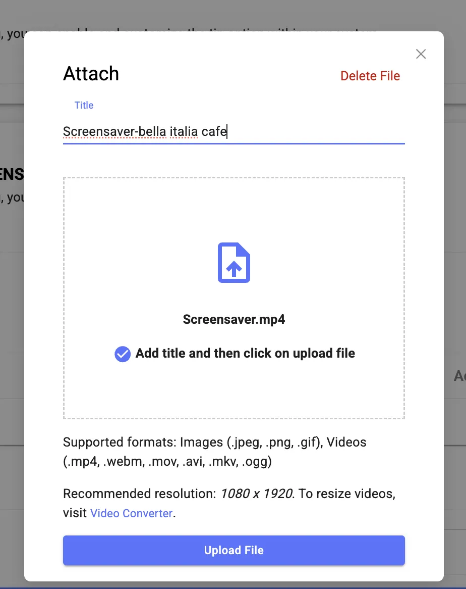 View of the upload file pop up.