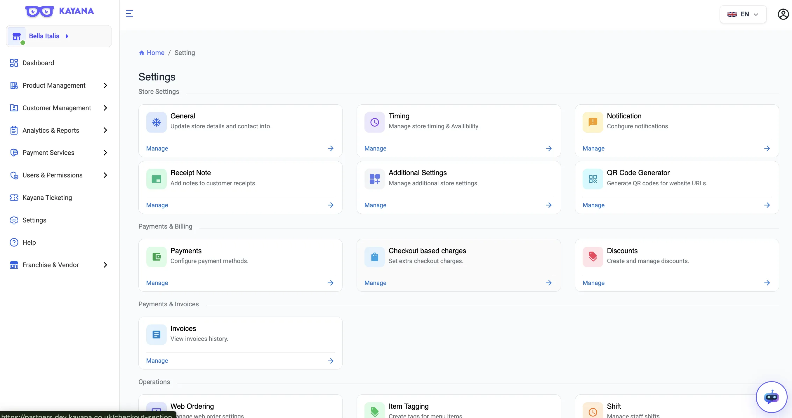 View of the Settings grid on Kayana Partner admin