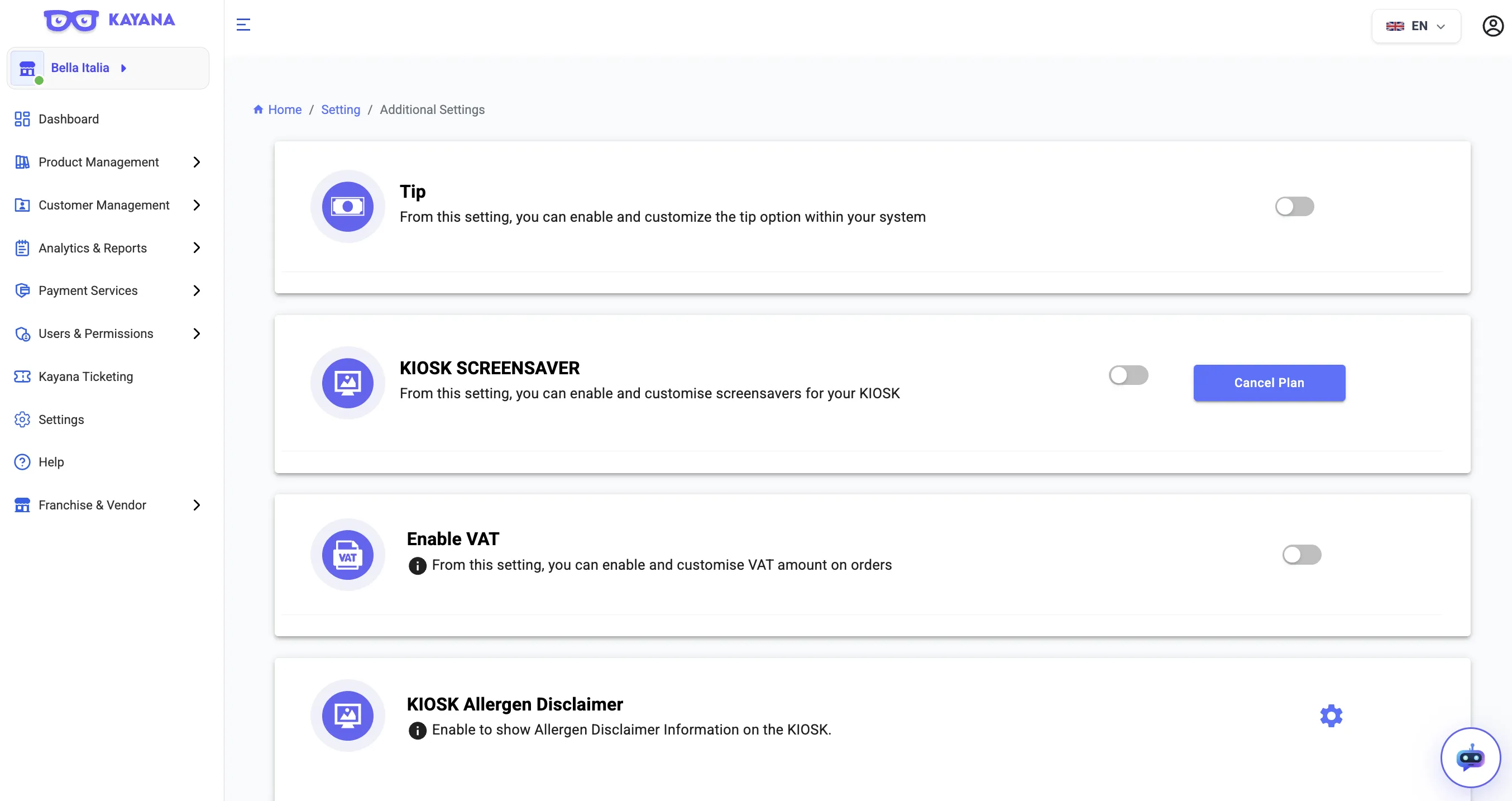 View of the Additional Settings screen on Kayana Partner admin