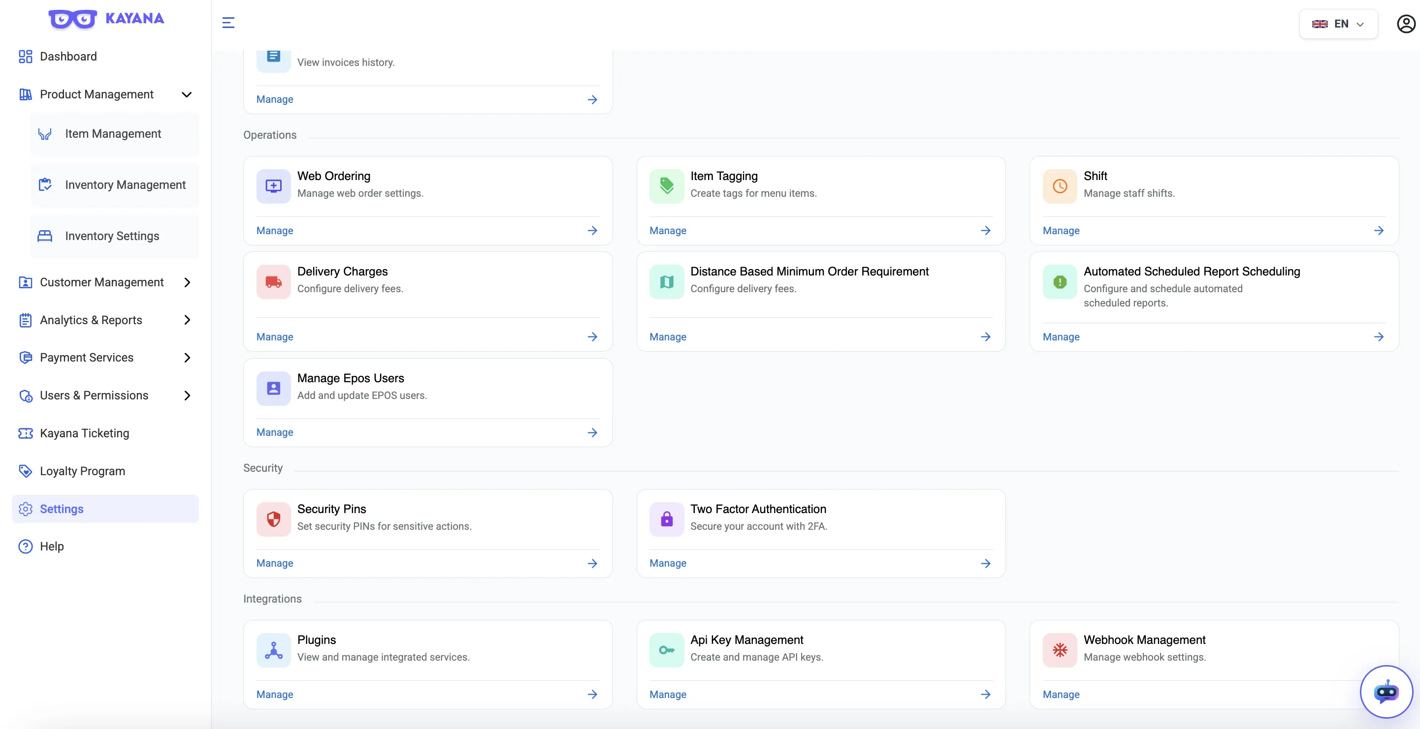 A view of the settings grid on Kayana Partners admin.