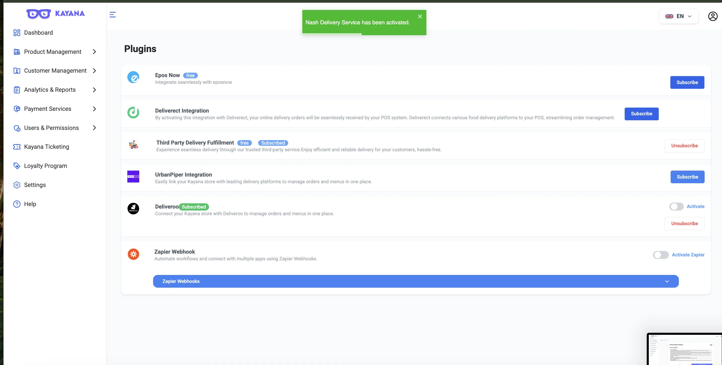 A view of the plugins screen on Kayana Partner admin.