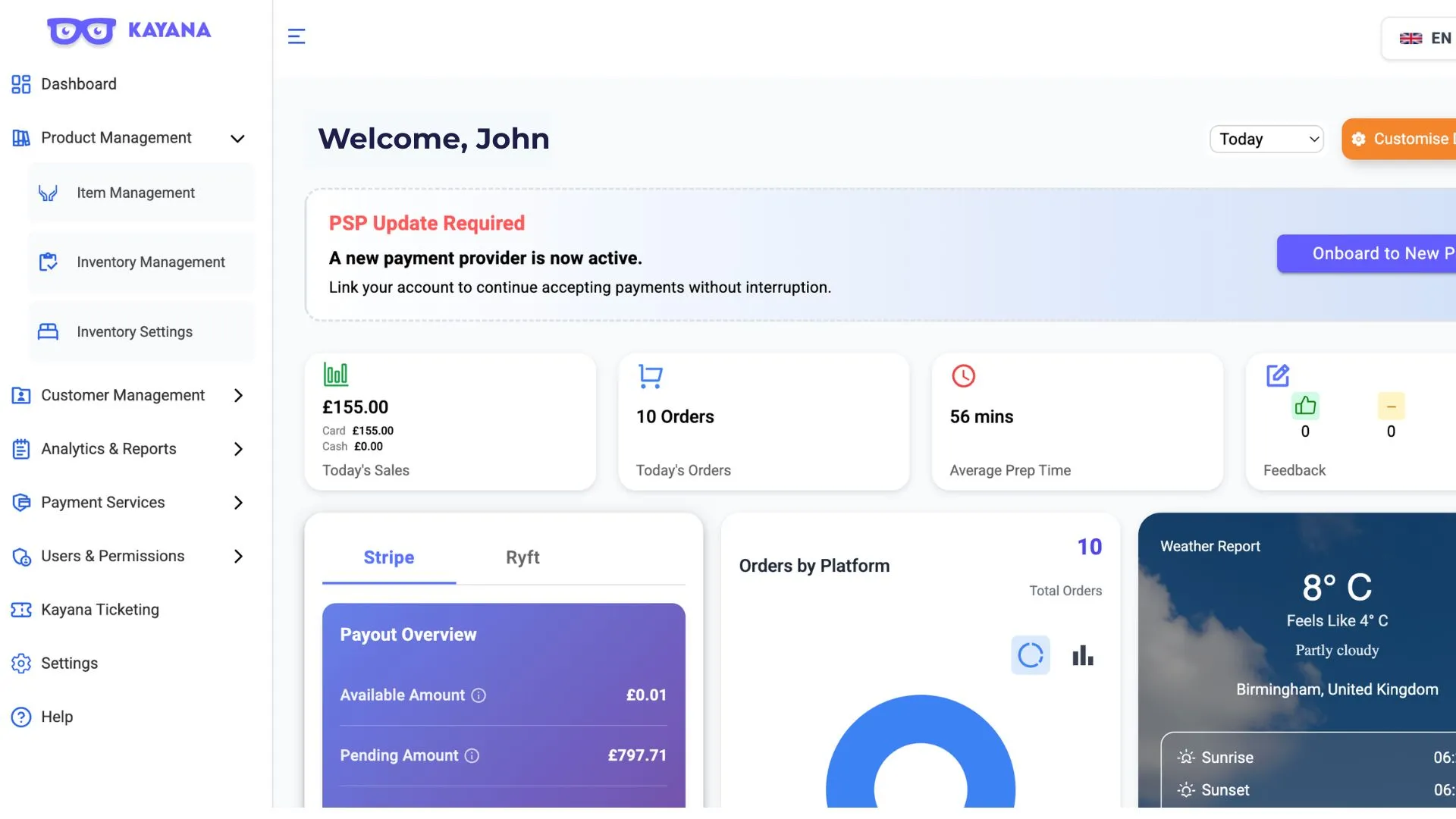 A view of the Kayana Partner admin dashboard