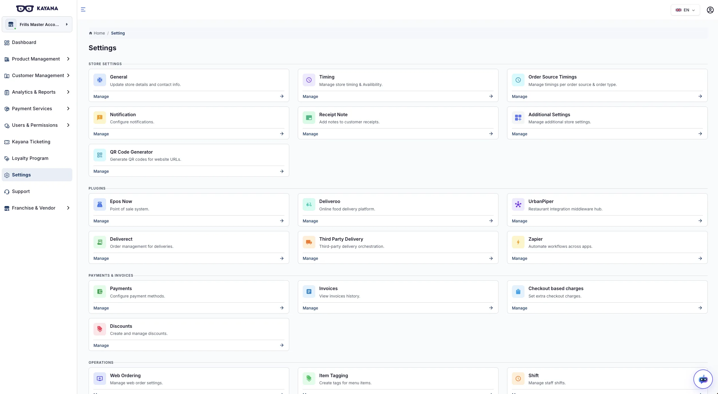 A view of the Settings grid on the Kayana Partner Admin platform.