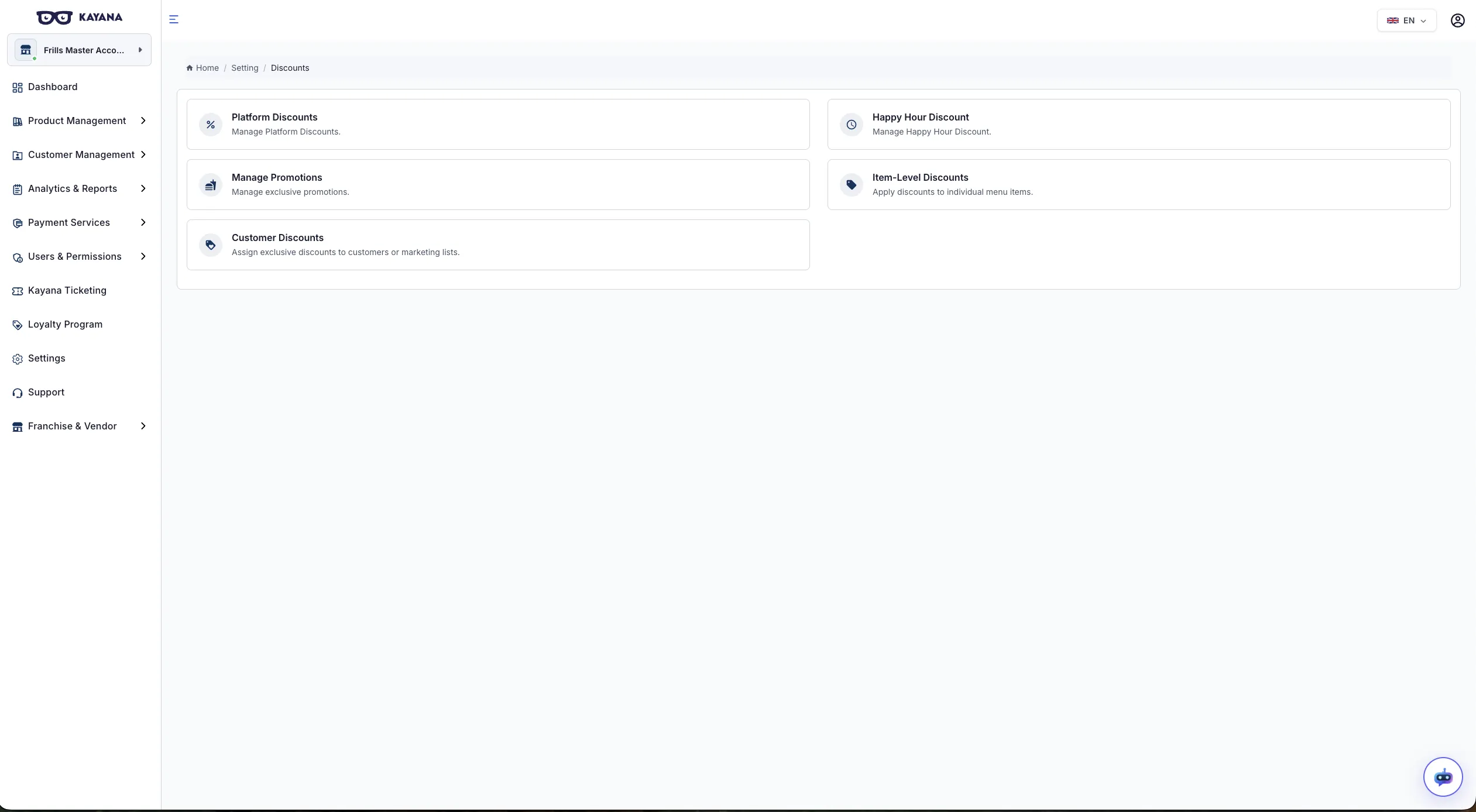 A view of the Discounts screen on Kayana Partner Admin platform.