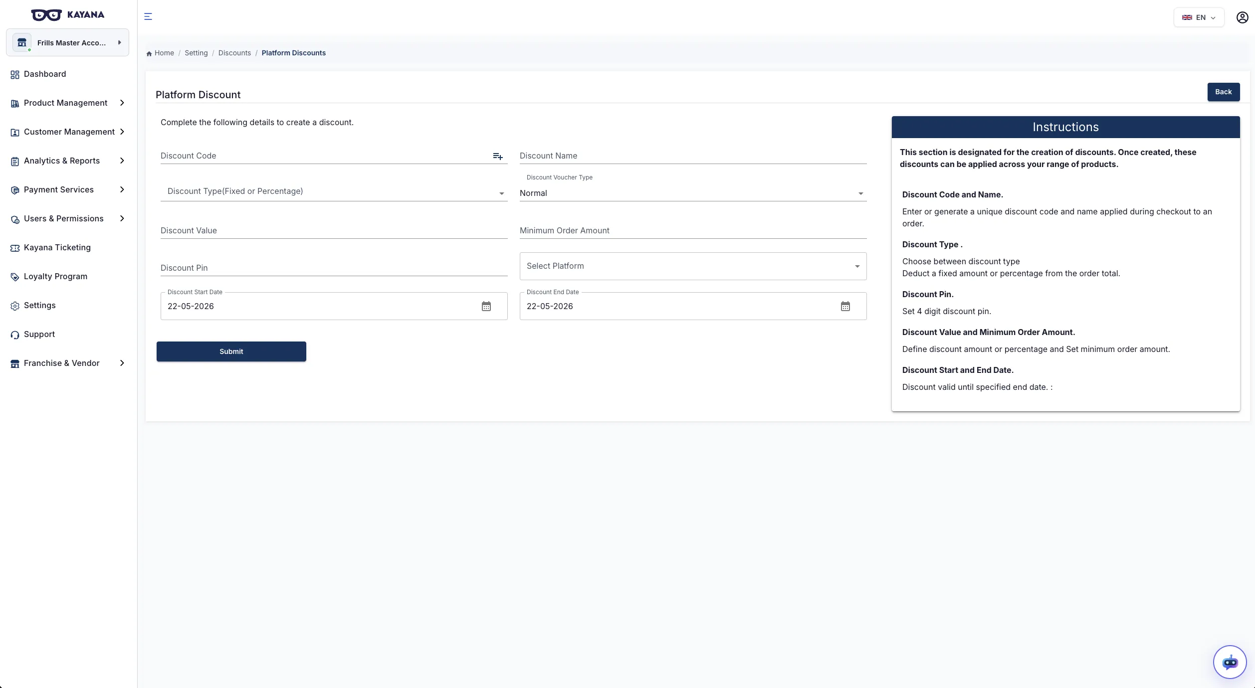 A view of the Platform Discounts section within the Discounts section on Kayana Partner Admin platform.