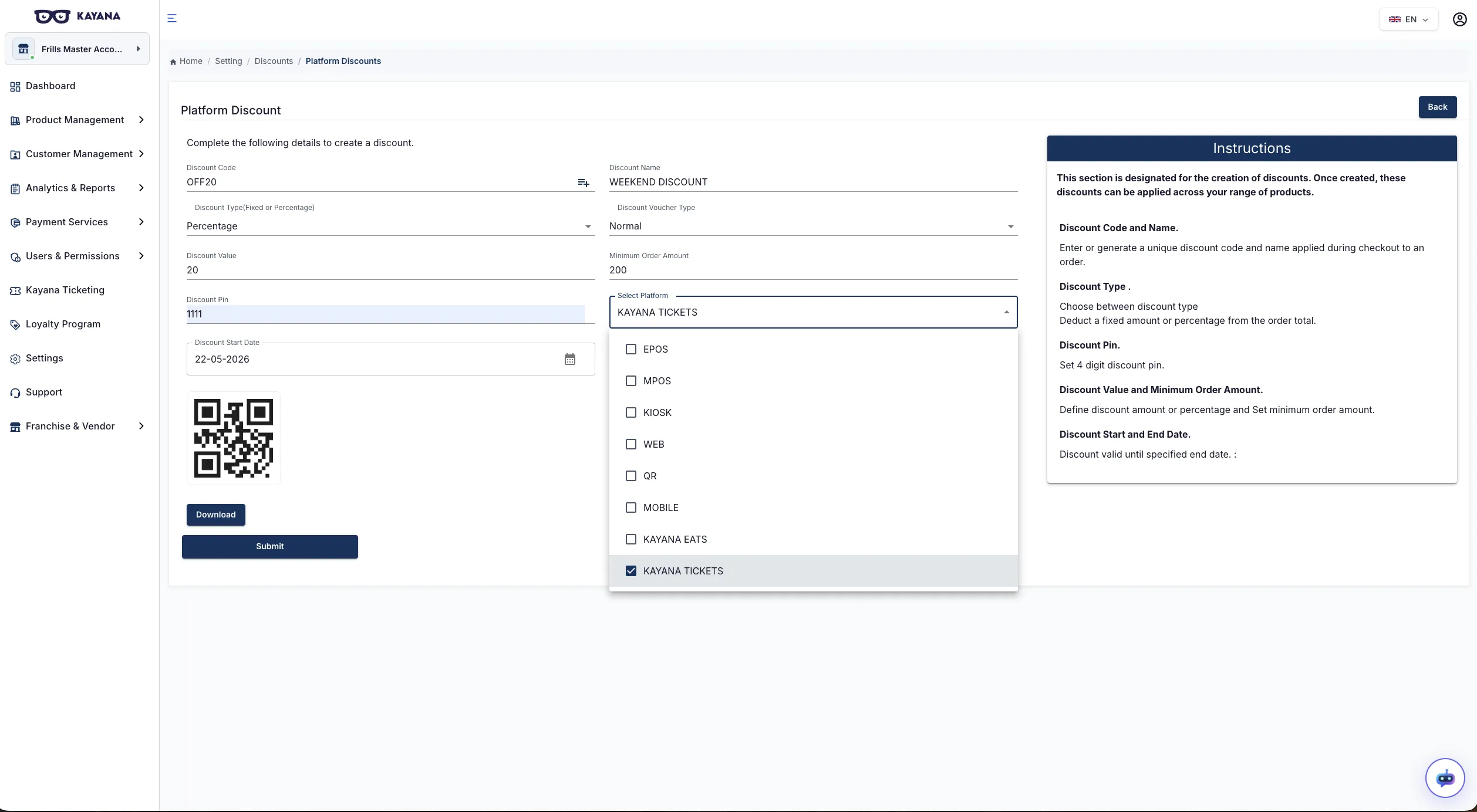 A view of the Platform Discounts section on Kayana Partner Admin platform.
