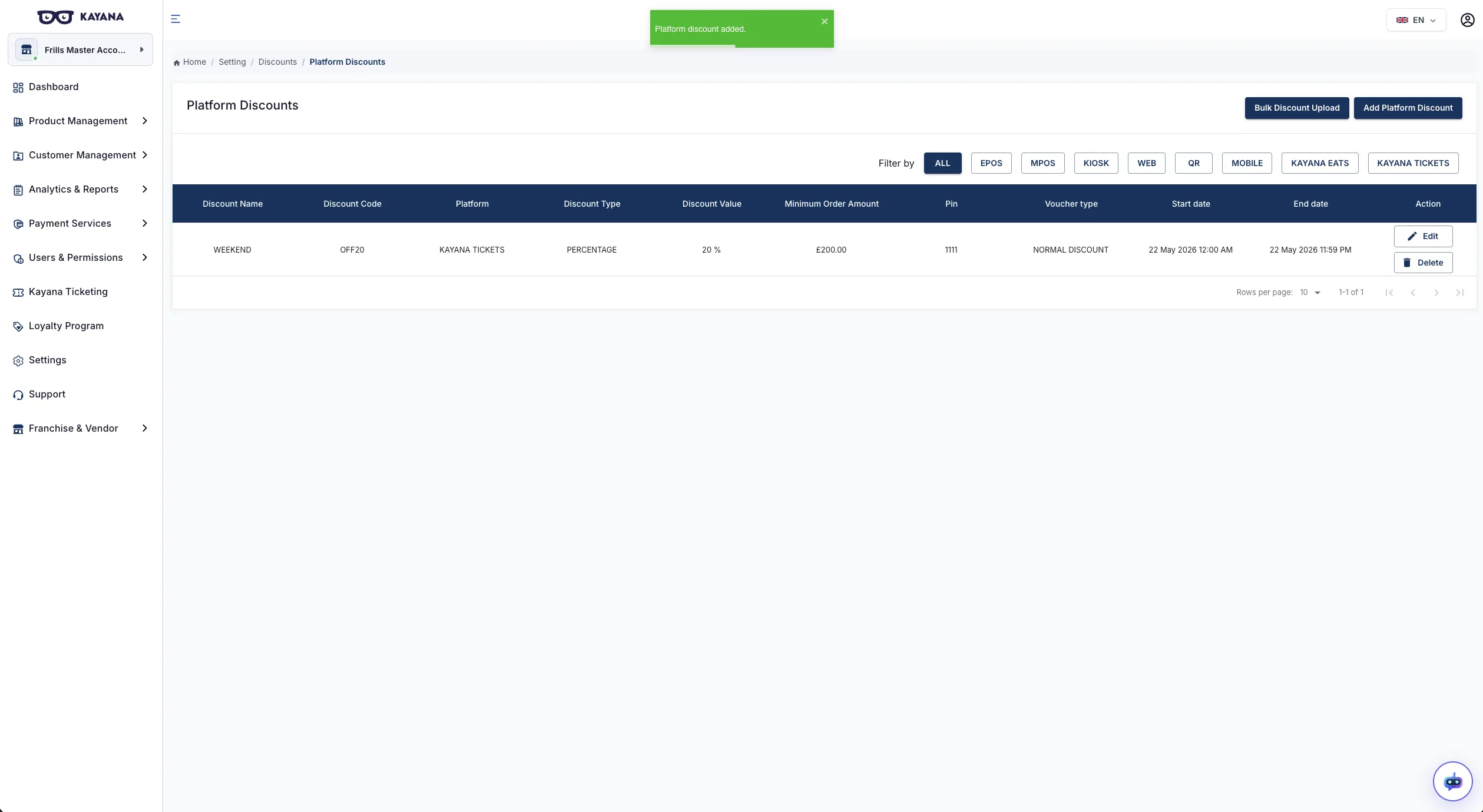 A view of the Discounts dashboard on Kayana Partner Admin