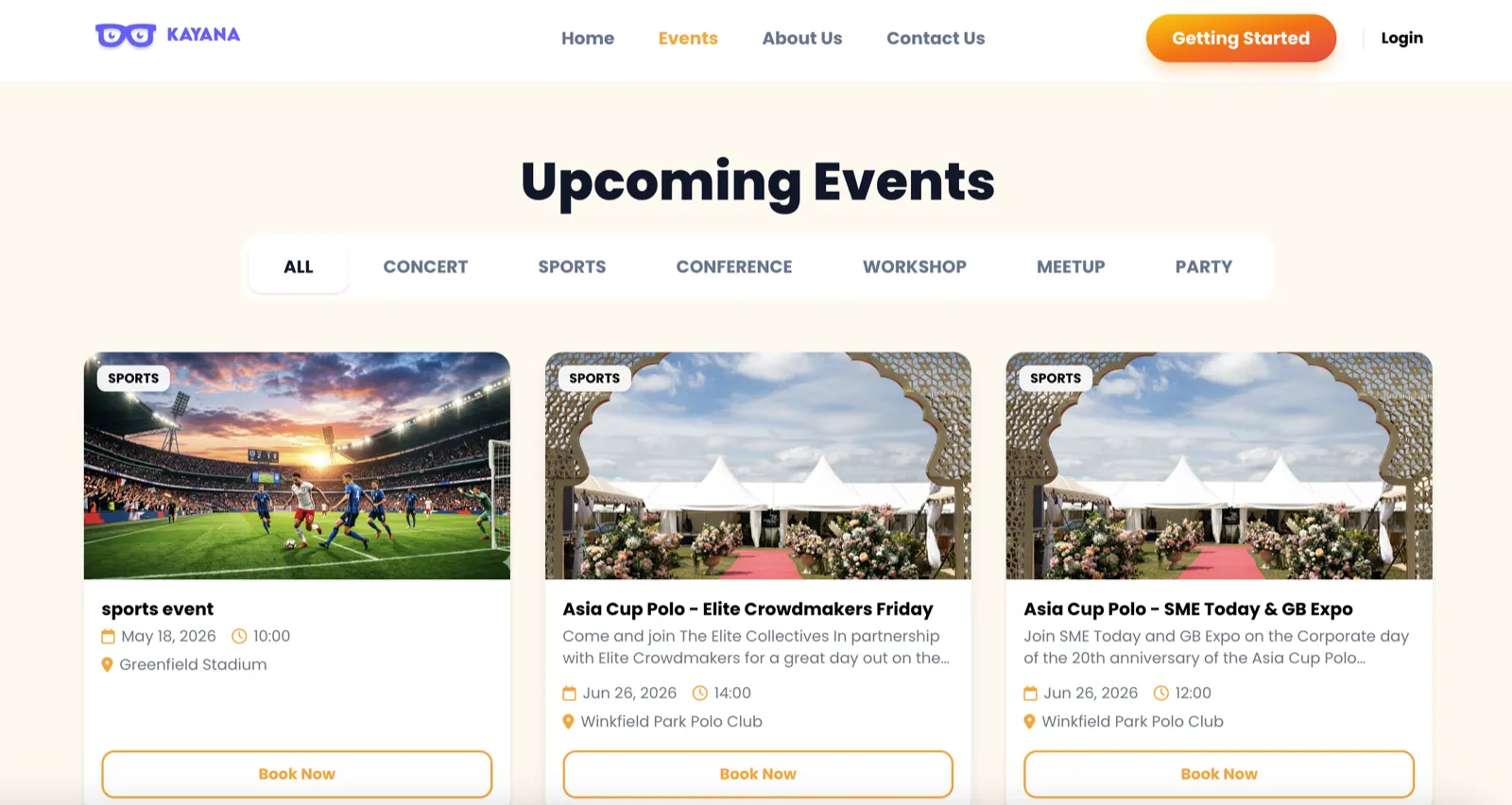 A view of the Events page on the Kayana tickets platform.