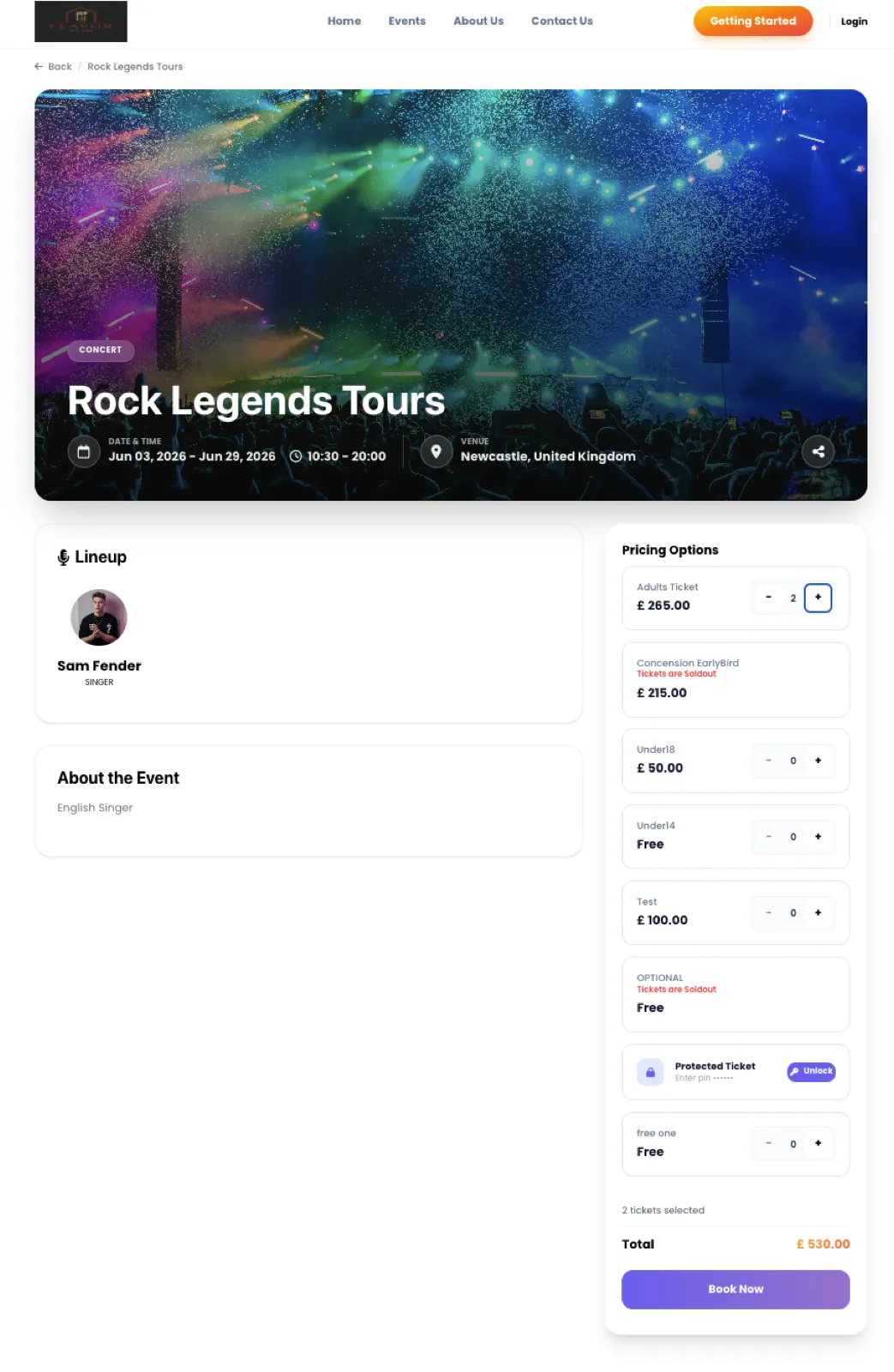 A view of the Event booking page.