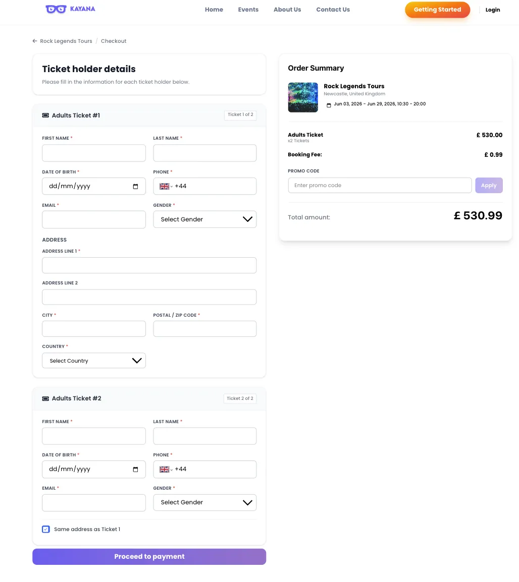 A view of the Event checkout page.